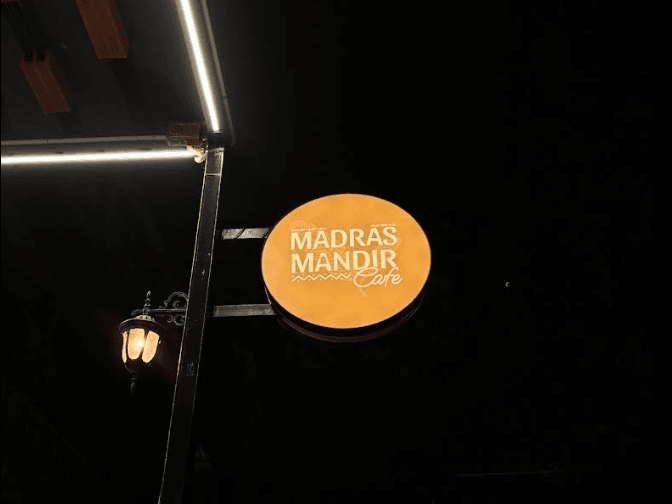 The dining room at Madras Mandir Cafe, set for a warm South Indian breakfast