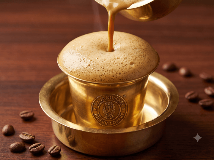 Traditional filter coffee being poured between a steel tumbler and davara