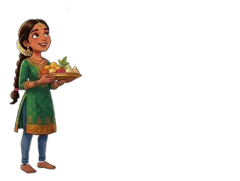 A girl holding a plate of temple prasad, the first scene of Madras Mandir Cafe's story