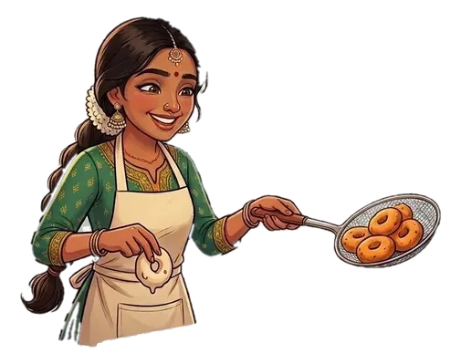 A girl frying medu vada in her kitchen, perfecting the recipe